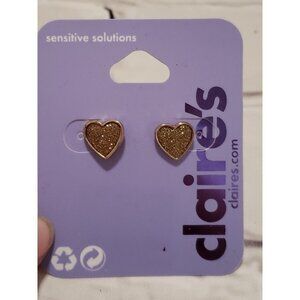 𝅺NWT Claire's Gold Glitter Heart Stud Post Back Pierced Earrings
